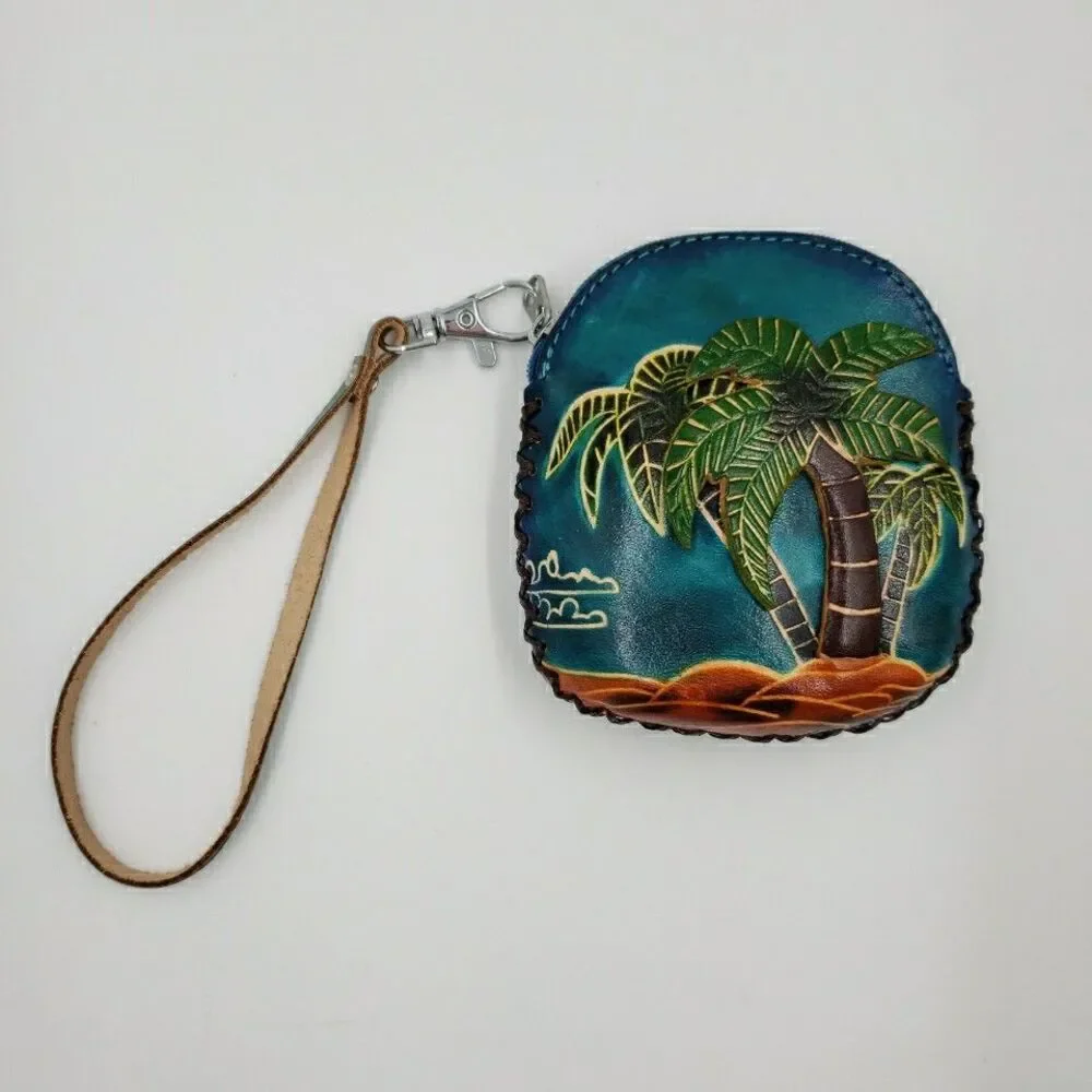 Tropical Palm Tree Wristlet Gift Card Holder Handmade Leather Surfer Mini Purse